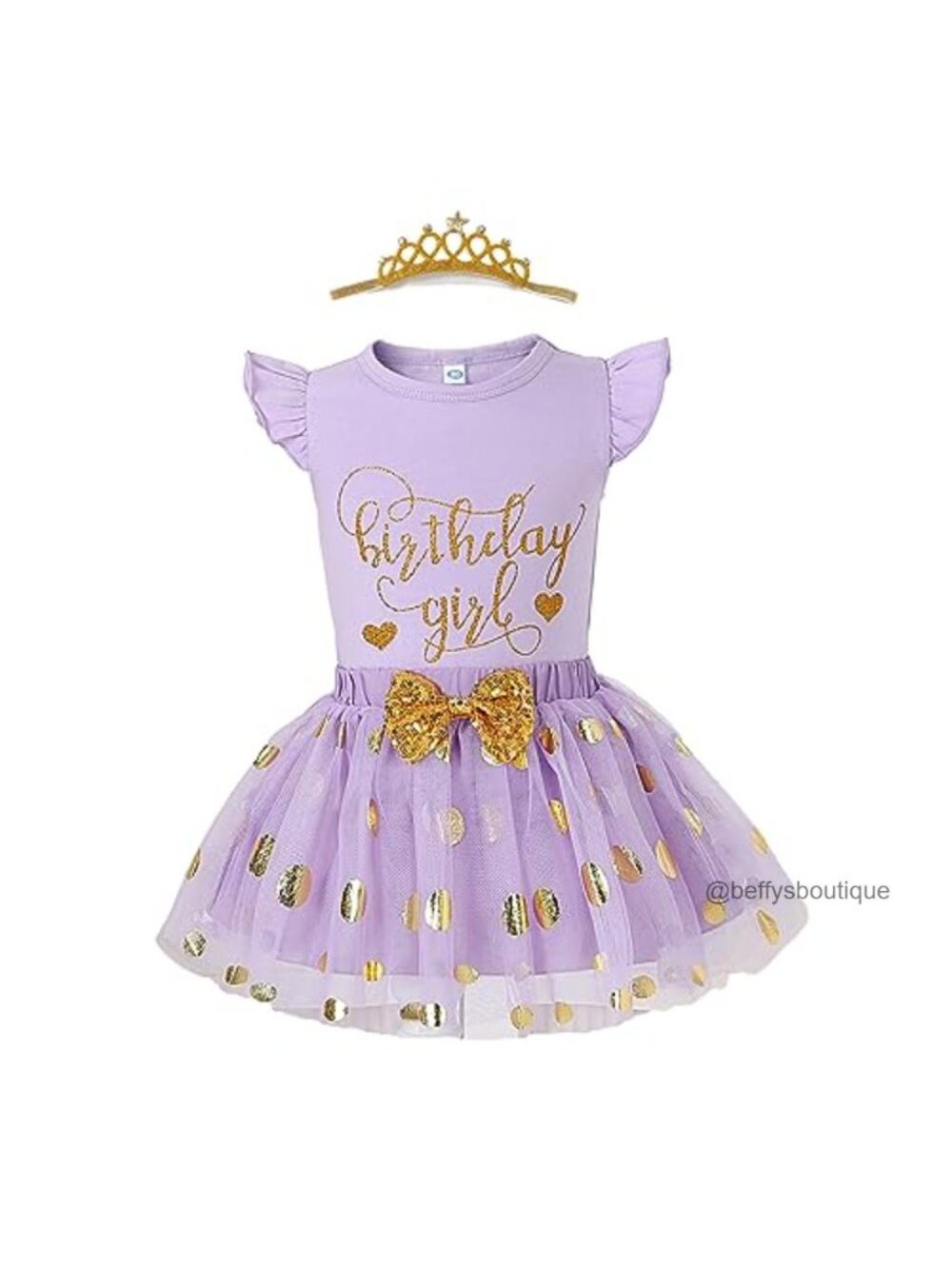 Girls Birthday Tutu Skirt Set with Gold Sequin Bows, Cotton Top & Headband